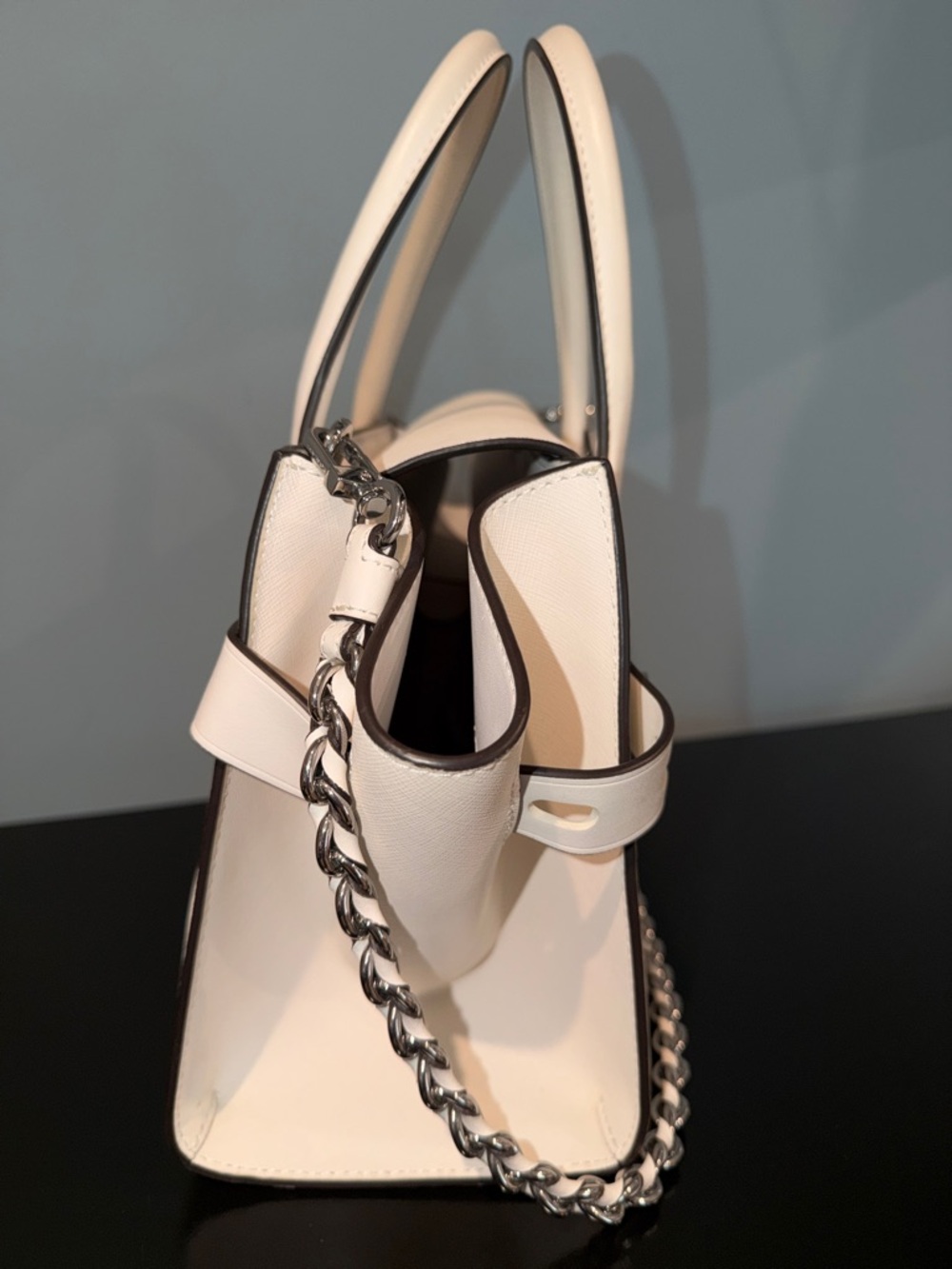 Michael Kors Carmen Medium White Saffiano Leather Satchel with Chain Strap - Picture 5 of 10